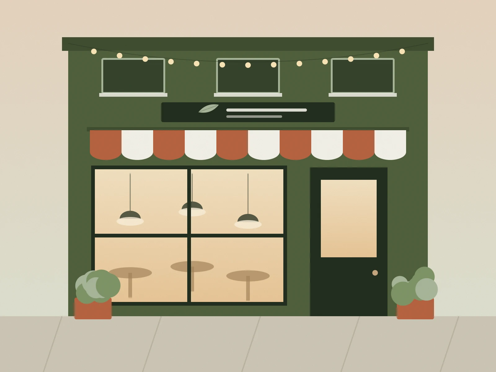 Illustration of a neighbourhood restaurant at dusk with warm light in the windows.