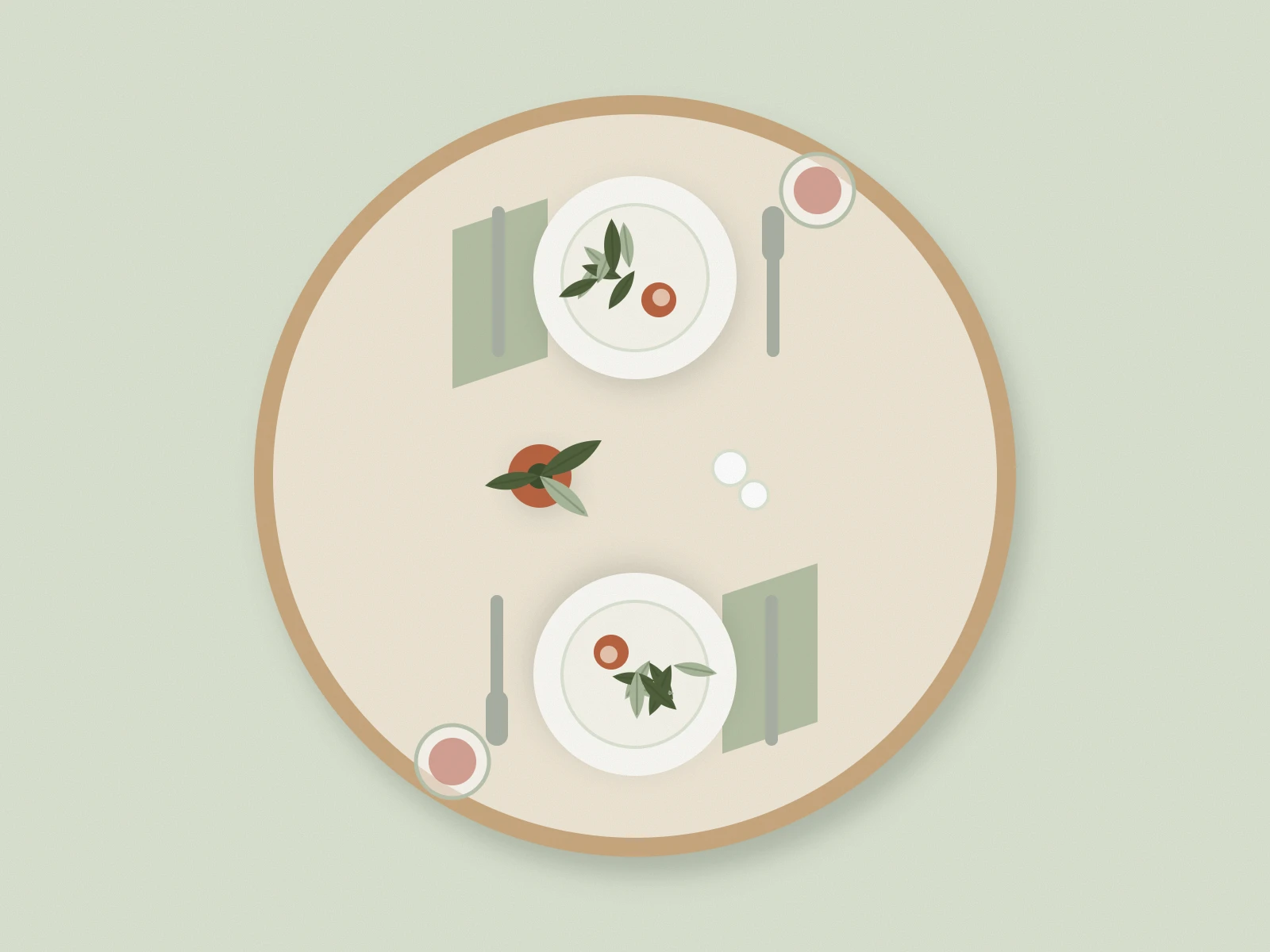 Illustration of a round table set for two, seen from above.