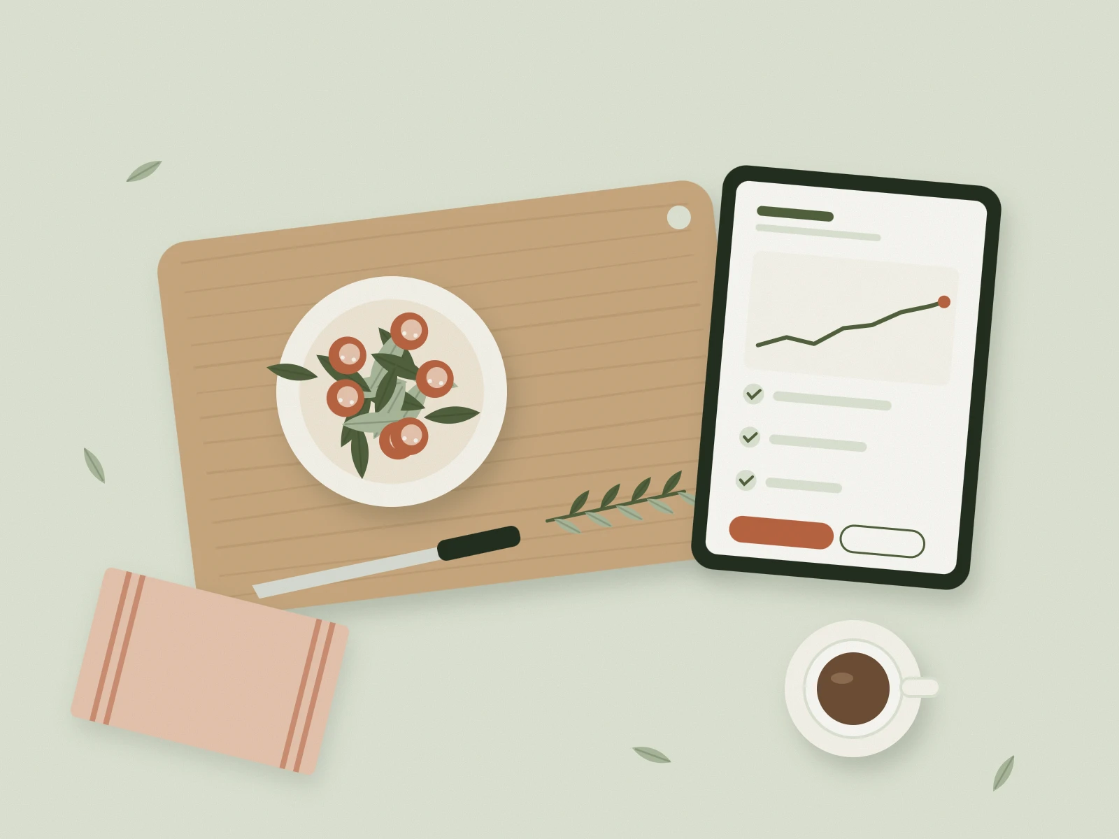 Illustration of a calm prep station: a salad bowl on a wooden board beside a tablet showing a steady trend and checked tasks.