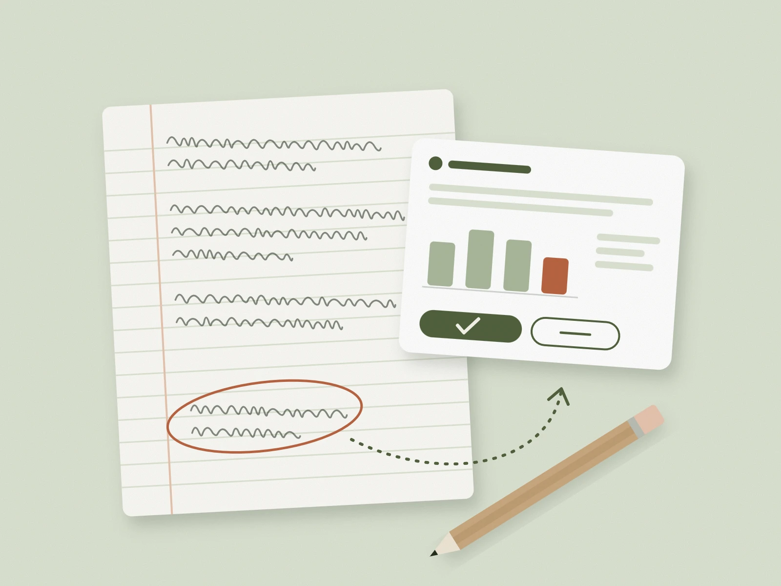 Illustration of a manager's notebook with a circled note, linked by a dotted arrow to a suggestion card with approve and adjust buttons.