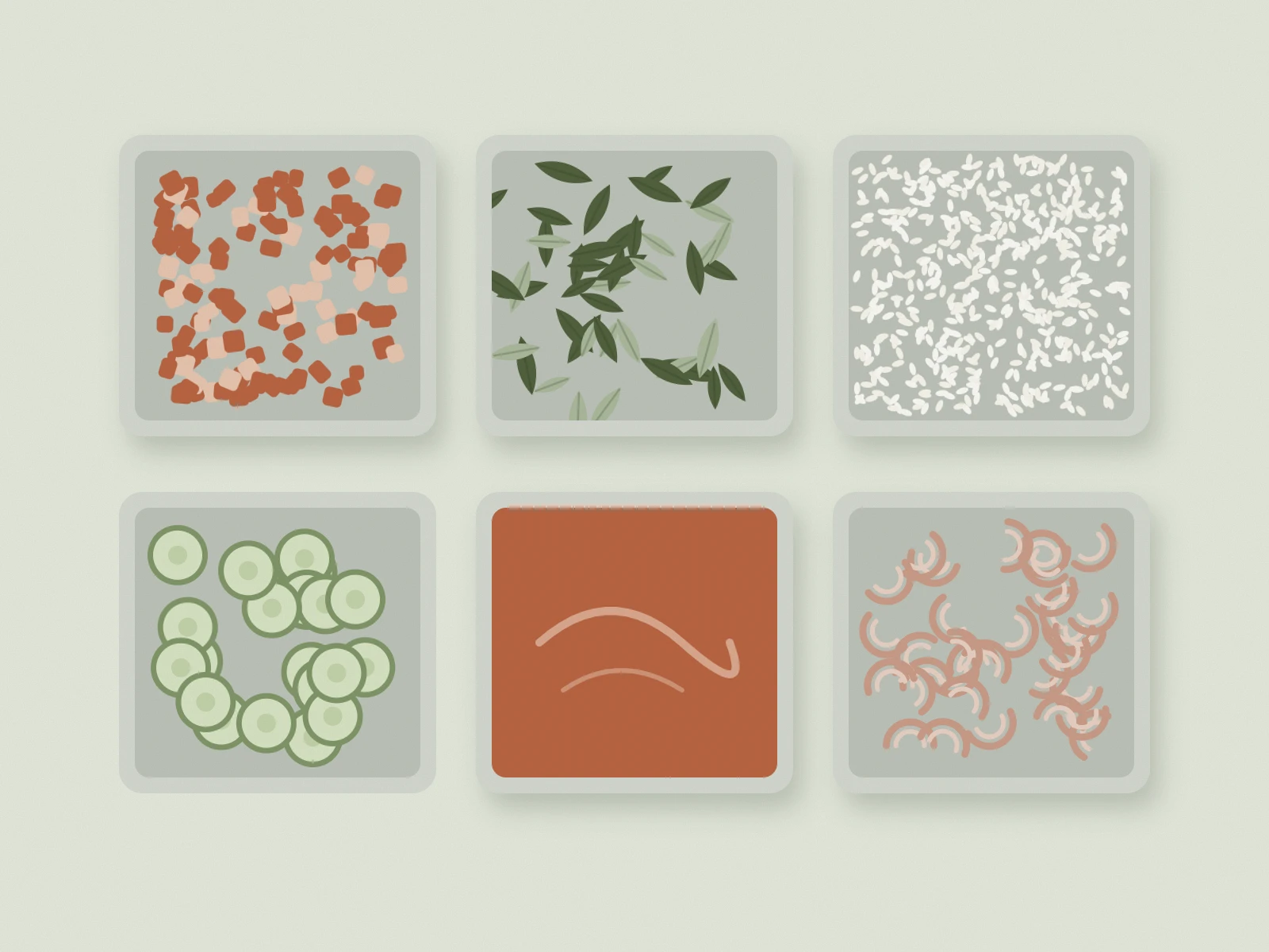 Illustration of six prep containers seen from above, each holding a different prepared ingredient.