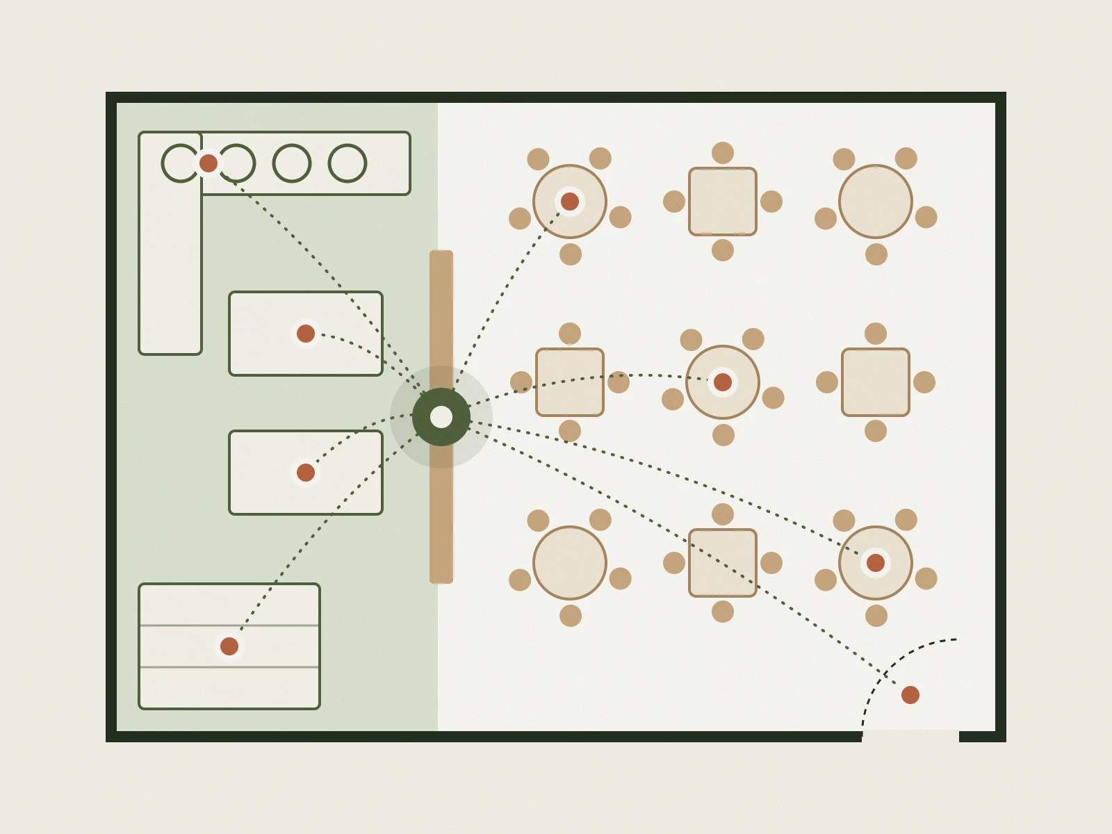 Illustrated restaurant floor plan with the kitchen, pass, and dining room connected to one central point.